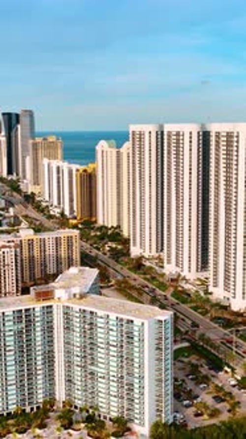 Scenic view of Miami Beach at sunset. Drone footage above the city at the coast