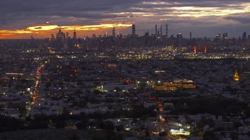 Aerial view of the New York City skyline at sunset