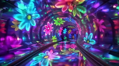 Voyage en tunnel de fleurs au néon vers une lumière vive