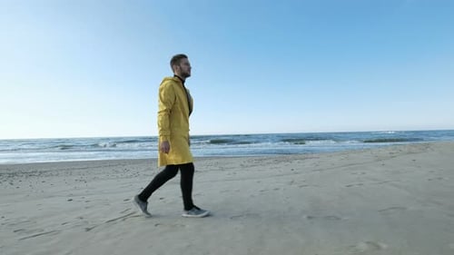 One 20s Young Hipster Positive Guy In Colorful Coat Alone Enjoy The Scene Of Wild Lonely Spring S...