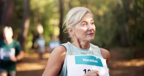 Woman, running and forest with group for marathon challenge, race or endurance test in nature