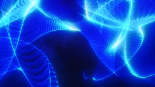 Abstract neon blue light waves on a dark background energy flow.