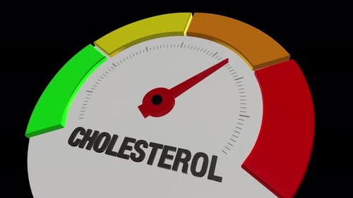 3D health monitoring animation featuring a Cholesterol level gauge