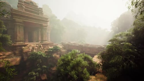 Ancient Temple Hidden in the Lush Jungle of Vietnam During Misty Morning Hours