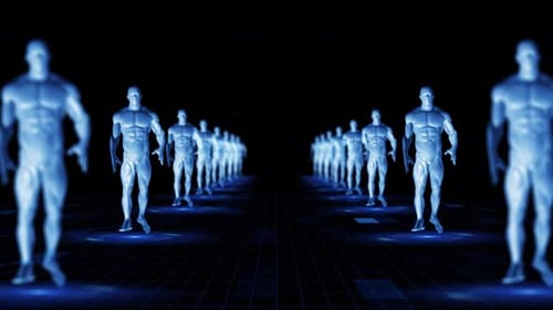 March Of The Holographic Figures In Blue Light
