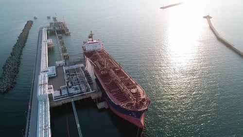 Aerial View of a Tanker is Loading in Oil Berth Harbour Terminal