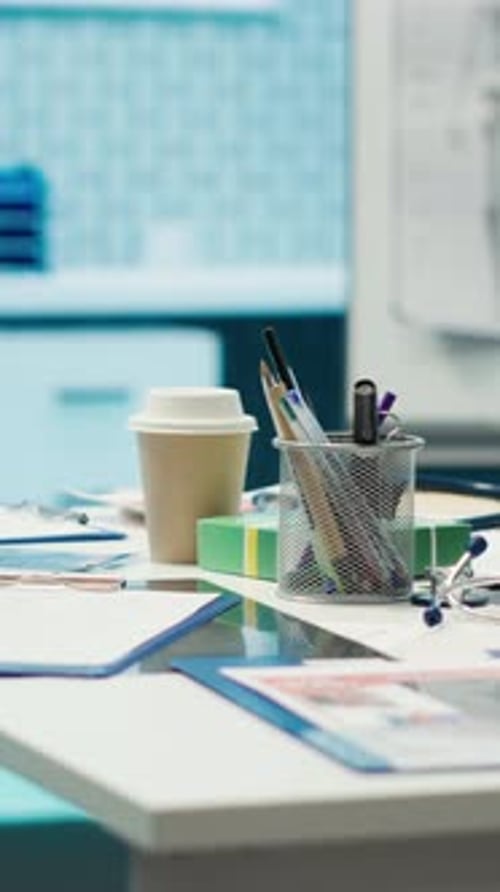 Messy Doctor's Desk in Fluorescent Light