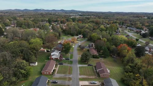 Aerial view of an American suburb with tree-lined streets and neatly arranged houses. American