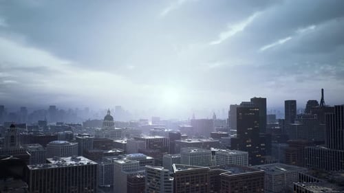 Mysterious Dawn Illuminating City Fog and Reflective Surfaces