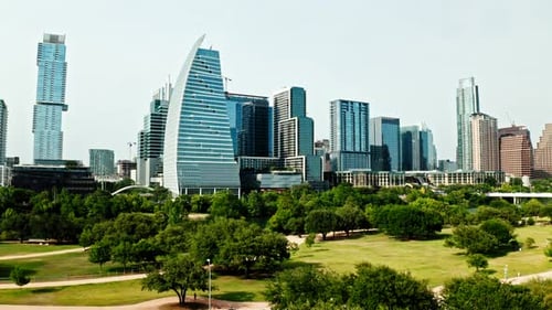 A cinematic view of downtown Austin, Texas