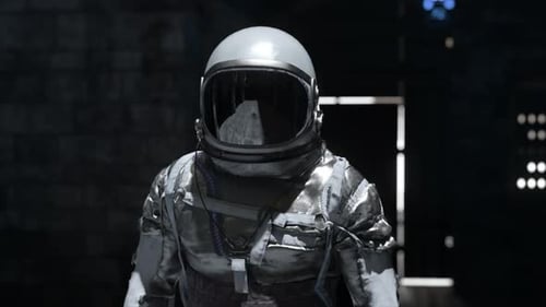 Astronaut Wearing a Silver Space Suit is Slowly Making His Way Through a Dark Spaceship Corridor He
