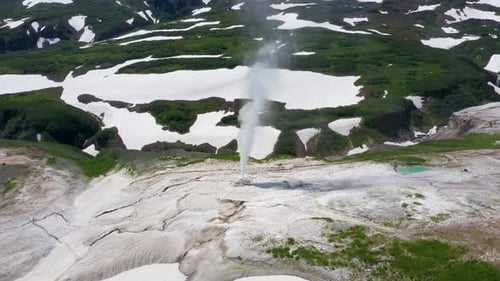 Aerial view of geysers and snow, Kamchatka Krai, Russia.