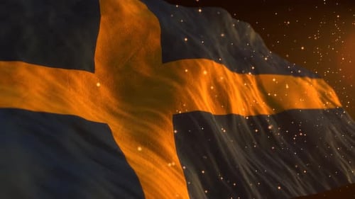Waving Swedish Flag with Shimmering Golden Particles