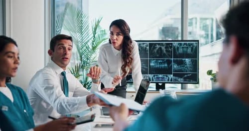 Hospital, teamwork and people with clipboard, meeting and medical research with doctor or CT scan