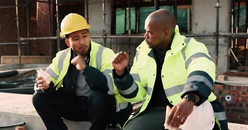 Lunch, construction and men with fist bump at site, conversation and development with work break