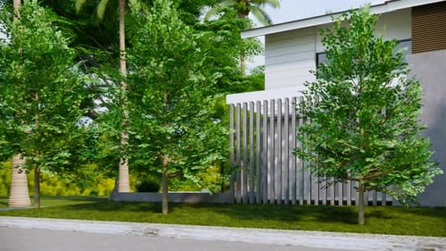 Render 3D de una calle con árboles verdes y una torre de comunicación