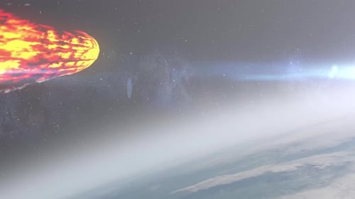 Fiery Meteor Approaching Planet Earth in Space