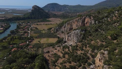 Aerial Beautiful Mountain Range with a River Running Through It Dalyan City