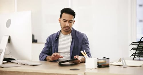 Typing, businessman at desk with computer and research on tablet for online article