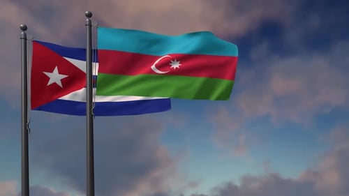 Seamless Loop Waving Flags of Cuba and Azerbaijan on Flagpoles