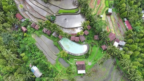 Eco resort amongst Rice Terraces in Indonesia’s Mountainous Countryside – 4K Drone Footage