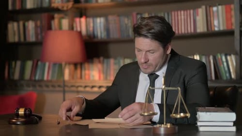 Male Lawyer Reading Legal Documents in Office