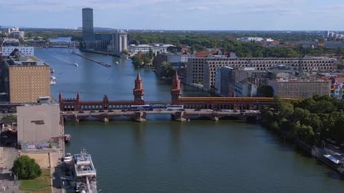 Summer day east west Berlin Border River Bridge Germany. Magic aerial top view flight panorama overv