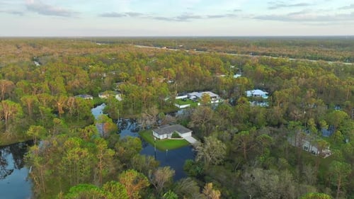 Surrounded By Hurricane Ian Rainfall Flood Waters Homes in Florida Residential Area