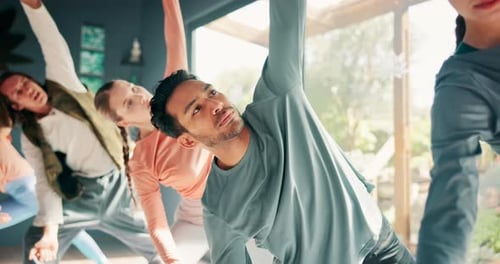 Yoga class, stretching and group on floor for zen, wellness and balance of body and mind