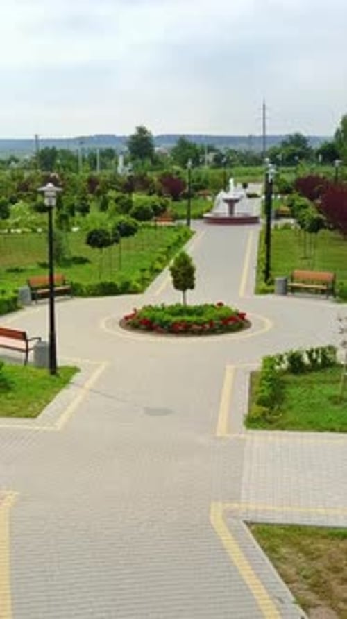 Paved paths in the newly created park with young trees. Garden for rest and walk in the city