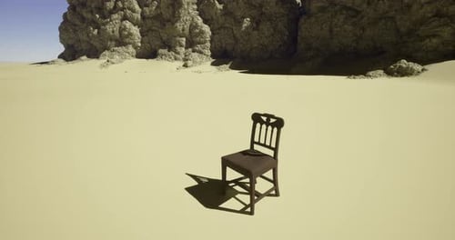 Lonely Chair Stands Alone in Vast Desert Landscape Under Clear Sky
