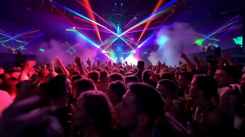 Large crowd of people dancing and cheering at a high energy