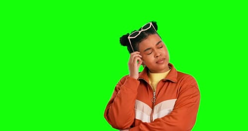 Green screen face, thinking or mockup woman with decision doubt, problem solving idea or remember