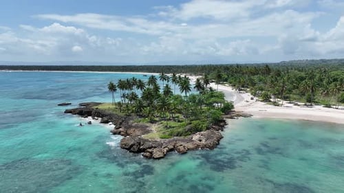 Caribbean coastline with palm trees, turquoise waters, rocky shores under sunny sky. Aerial drone or