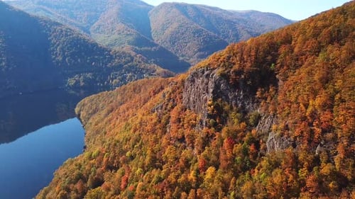 Panoramic aerial view over lake Tarnita, Romania, surrounded by colorful autumn trees