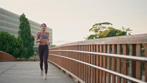 Motivated Athlete Running Morning Bridge Woman Doing Cardio Training Jogging