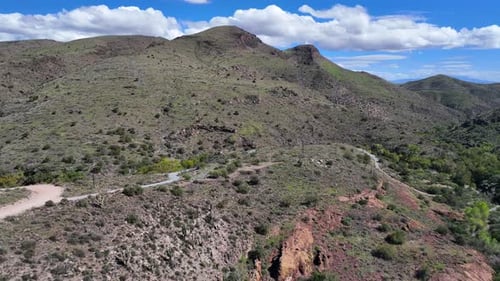 Aerial view of mountains and road, United States.