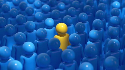 A Single Yellow Figure Stands Out in a Crowd of Blue Figures Symbolizing Individuality Uniqueness