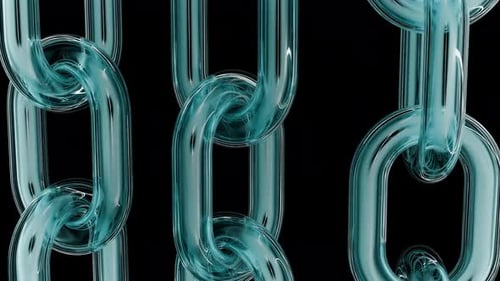Photo de studio avec des maillons de chaîne complexes en verre sarcelle sur fond sombre avec des reflets brillants