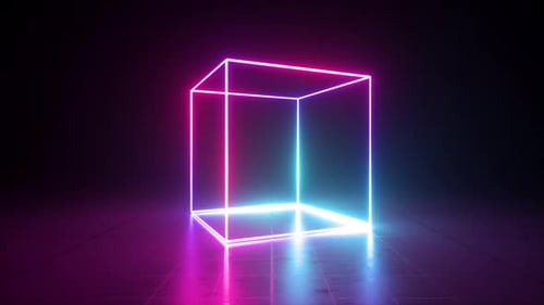 Der 3D-Neonwürfel wechselt die Farben von Rosa nach Blau,