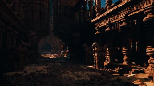 Ancient Hallway Illuminated Faintly with Concealed Pathways Inviting Discovery