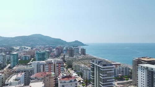 Aerial View Luxury Complex With Azure Pool and Water Slides on the Mediterranean Coast