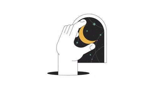 Hand placing moon in esoteric night sky line 2D concept animation