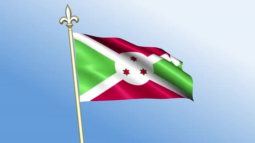 Burundi Flag Waving on Golden Pole against Blue Sky