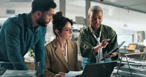 Tablet, discussion and business people with meeting in office for creative project online