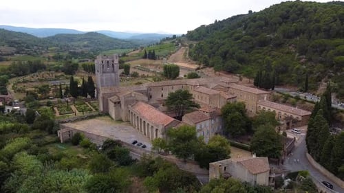 Medieval Abbey in the South of France Rising Aerial