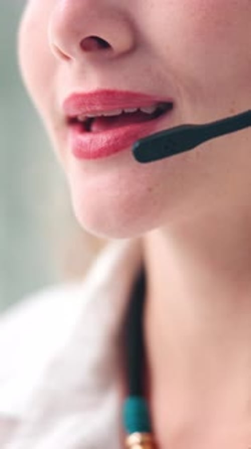 Headset, talking and mouth of business woman in office for online advice