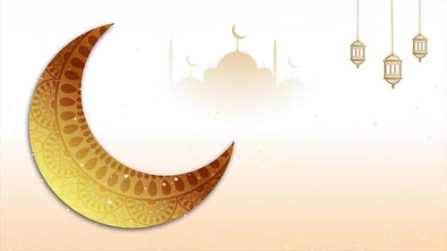 Eid Mubarak Animation Gold Theme With Lantern And Crescent Background