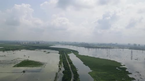 Aerial Drone shot of landscape of the land covered with water near new delhi.