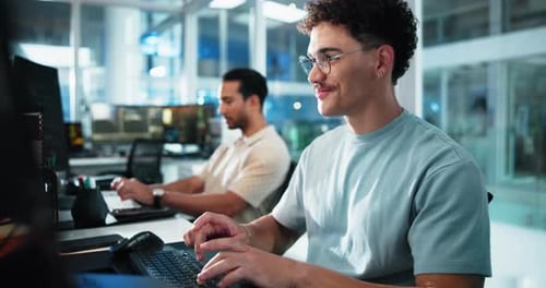 Computer, face and typing with man programming at desk in office for coworking